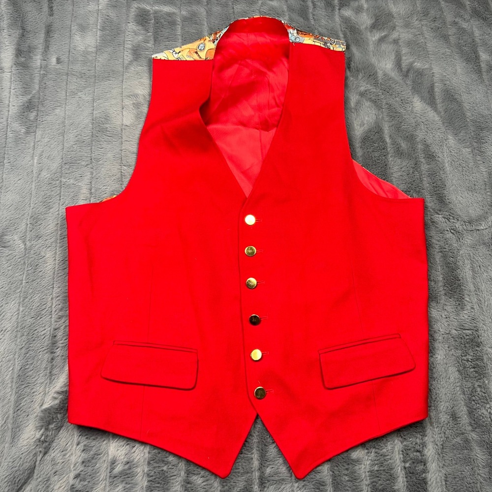 Vintage Mens Red Sports Print Back Waistcoat Vest Gold Buttons Made in USA 13951